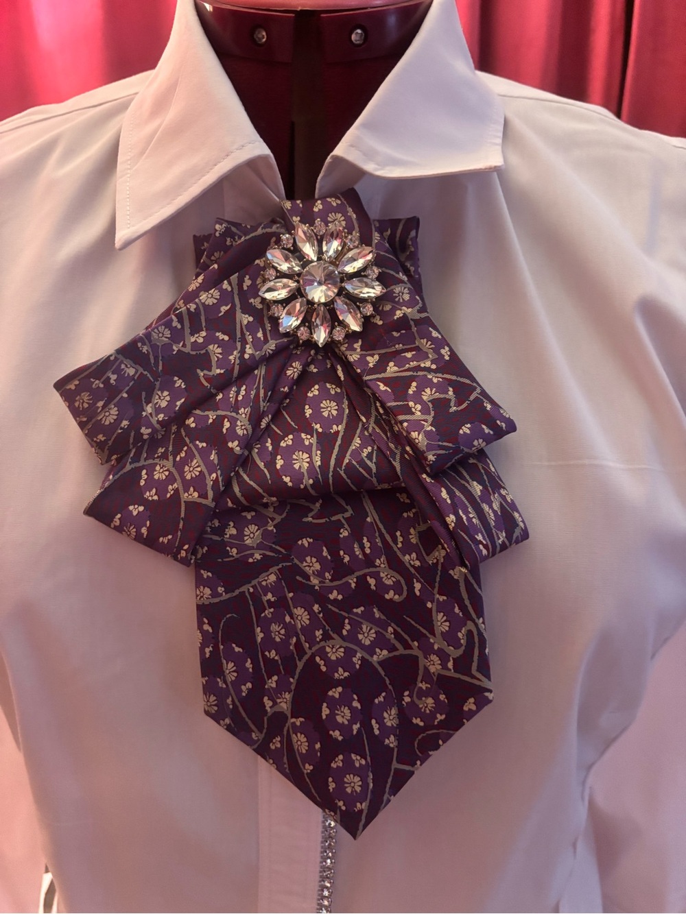 Purple Floral Statement Ascot with Crystal Brooch